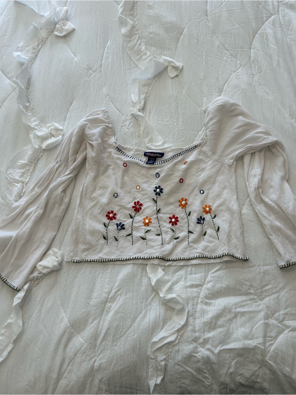 100 percent cotton Boho Embroidered Floral Peasant Top - White